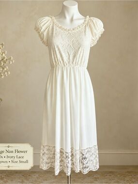 Vintage 1960s Rare Nan Flower Ivory Lace Nightgown Nylon Slip Dress Sz S